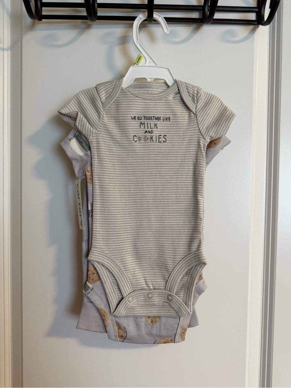 Striped Beige 'Milk and Cookies' Baby One-Piece Bodysuit 3 piece